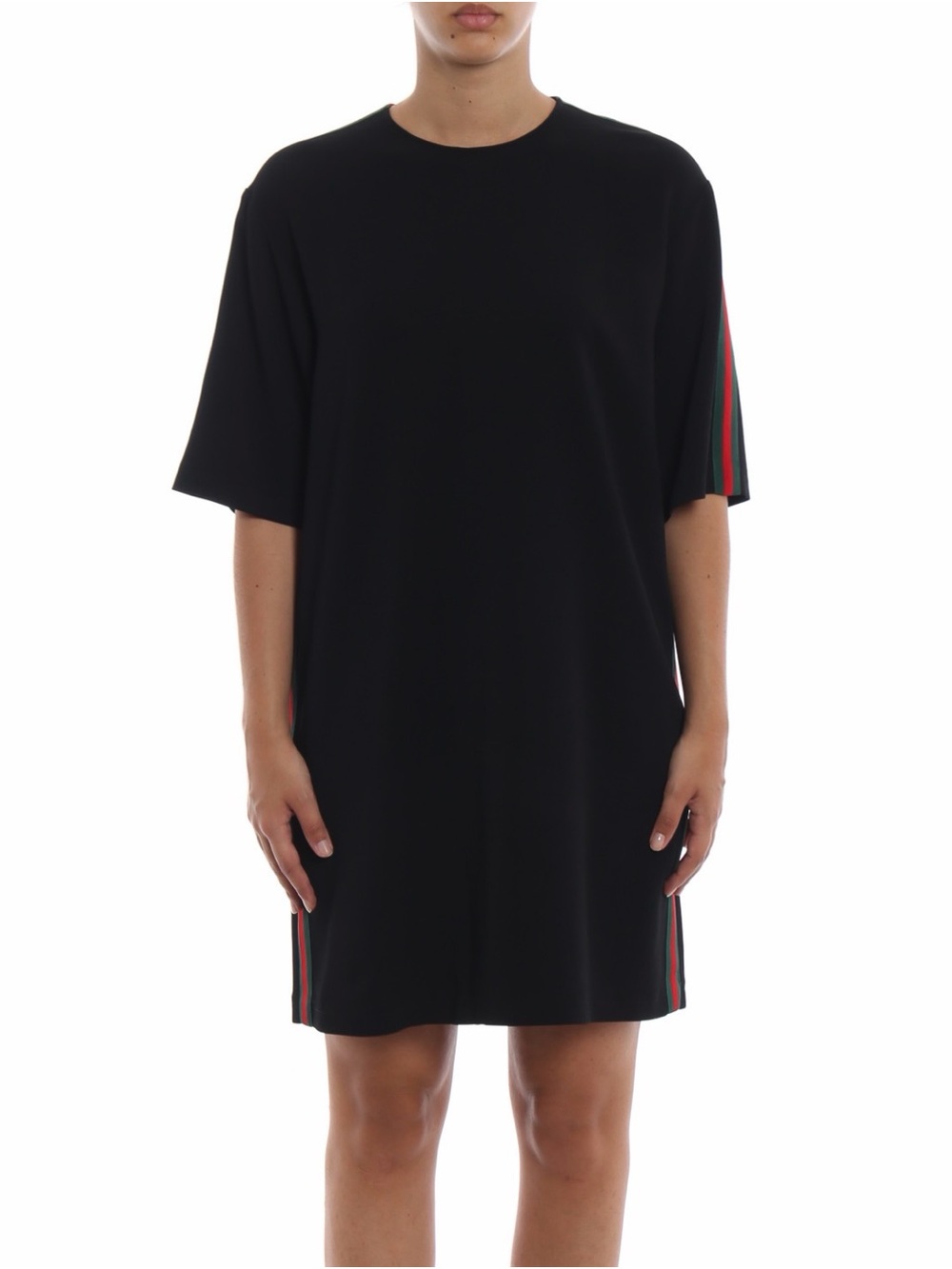 Gucci Black Midi Shift Dress with Red and Green Stripe Trim